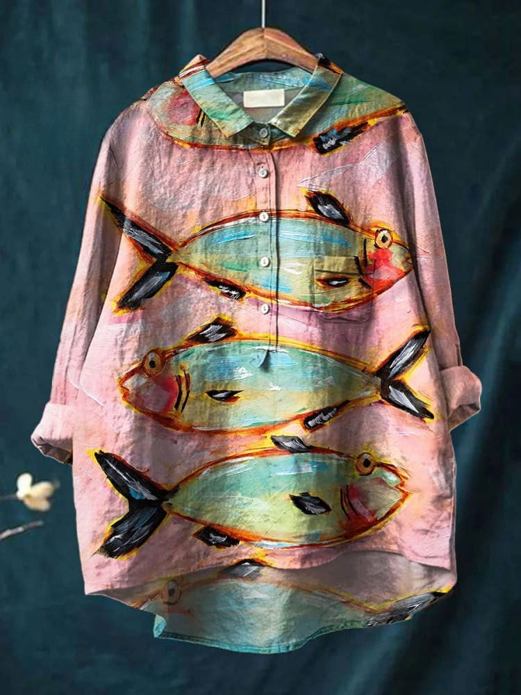 Women's Vintage Fish Art Print Casual Cotton And Linen Shirt